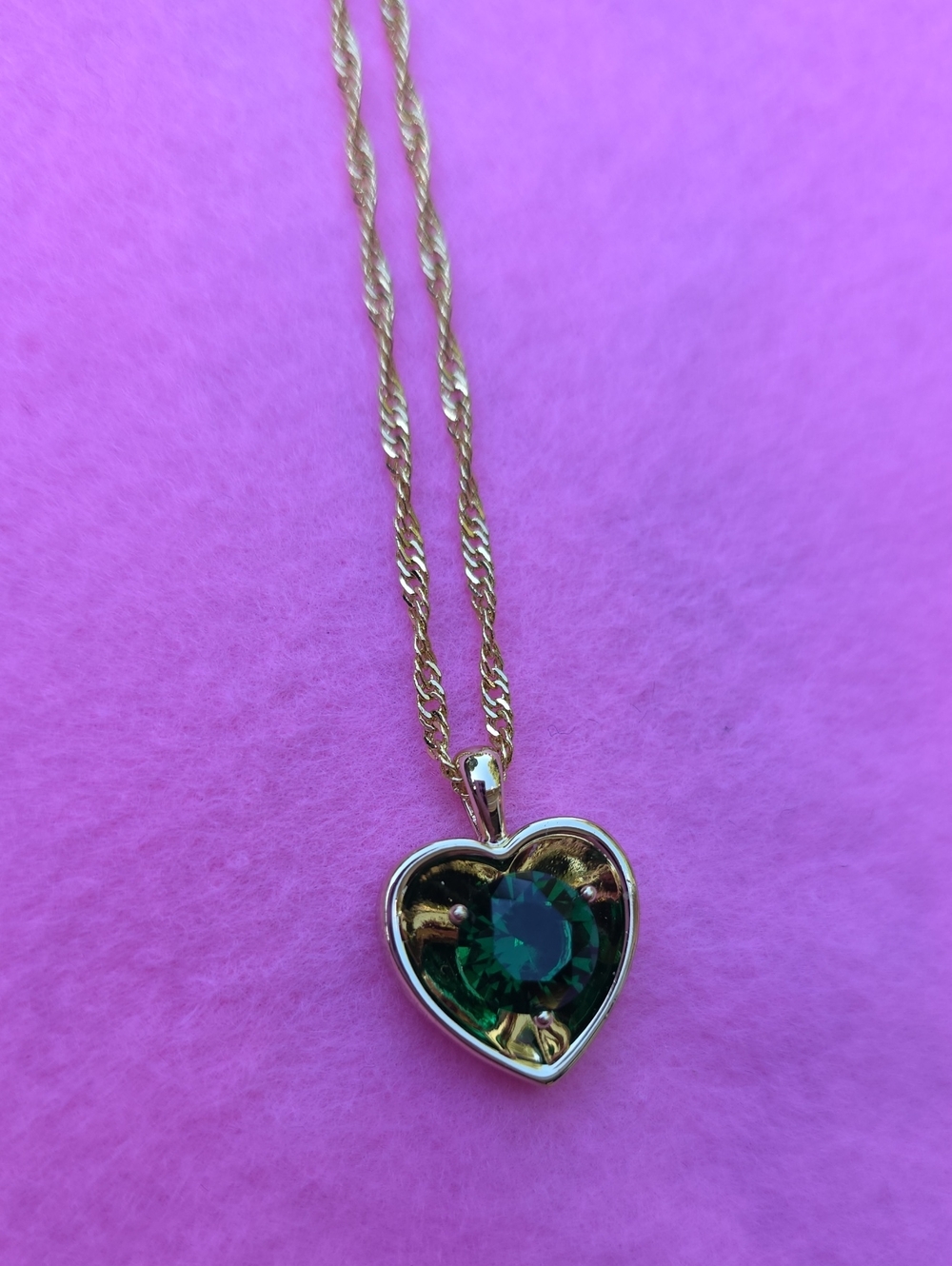 Laminated Gold Heart Pendant Necklace with Green Center Stone